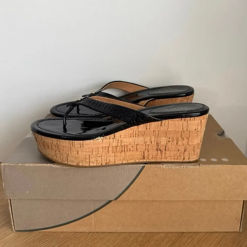 Coach Signature Black Patent Leather Women Wedge Sandals - SZ 8